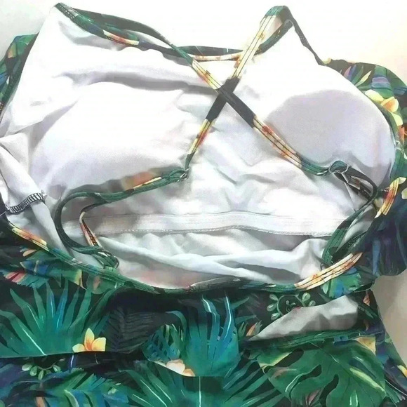 Tropical floral print one piece swimsuit off shoulder ruffle cut out back Large - Picture 6 of 10